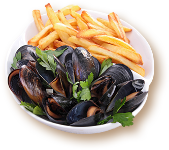 Les moules marinières avec l’oignon Orion